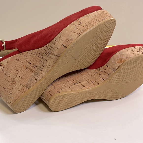 Stuart Weitzman Women’s Rinna Red Suede Slingback Cork Wedge Heels, Size 9M - Picture 6 of 10